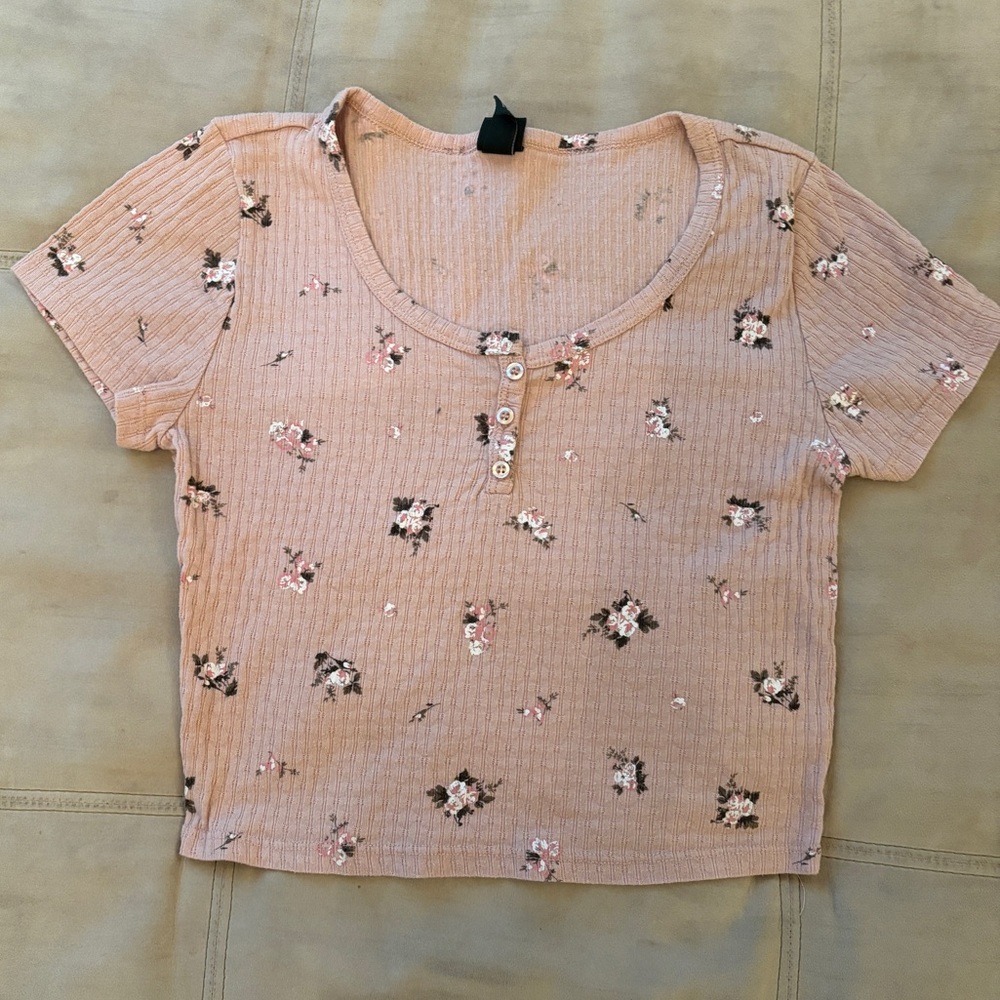 Wild Fable Crop Top Floral Ribbed Button-Up XS